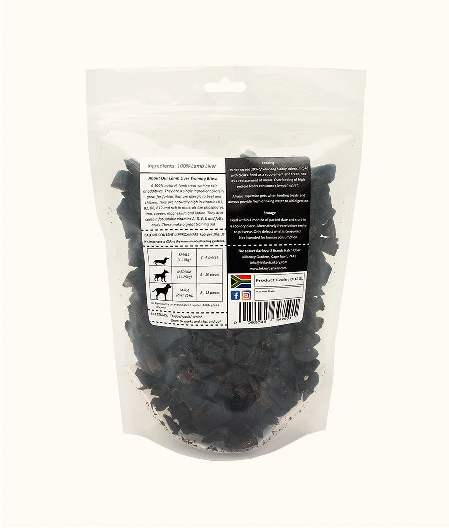 The Lekker Barkery Lamb Liver Training Bites 490g back | Dashing Pets