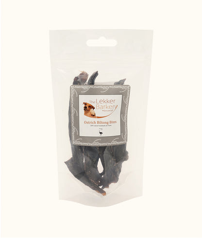 The Lekker Barkery Ostrich Biltong bites 40g front | Dashing Pets