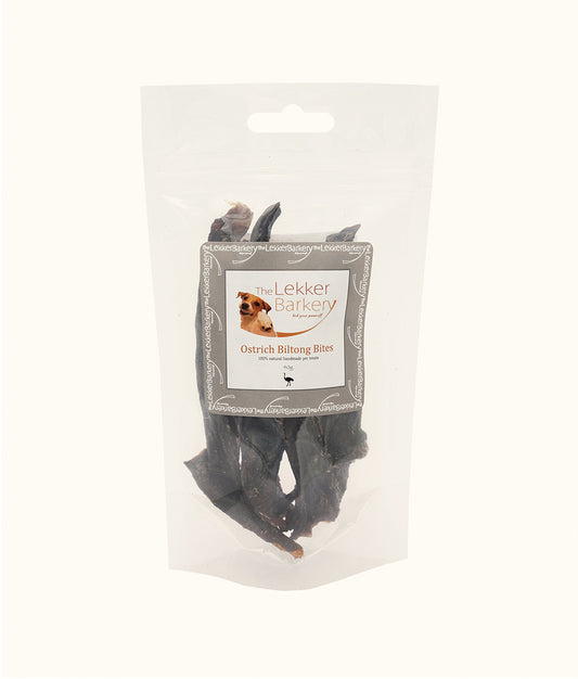 The Lekker Barkery Ostrich Biltong bites 40g front | Dashing Pets