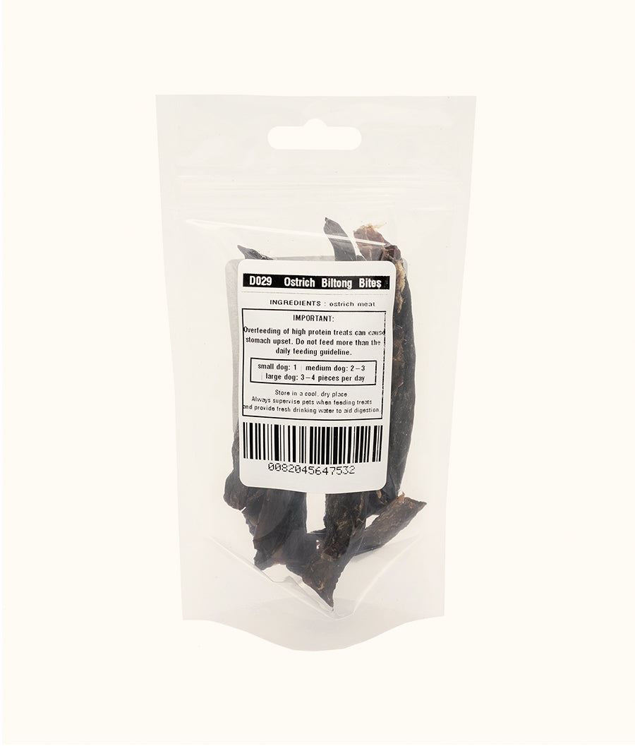The Lekker Barkery Ostrich Biltong bites 40g back| Dashing Pets